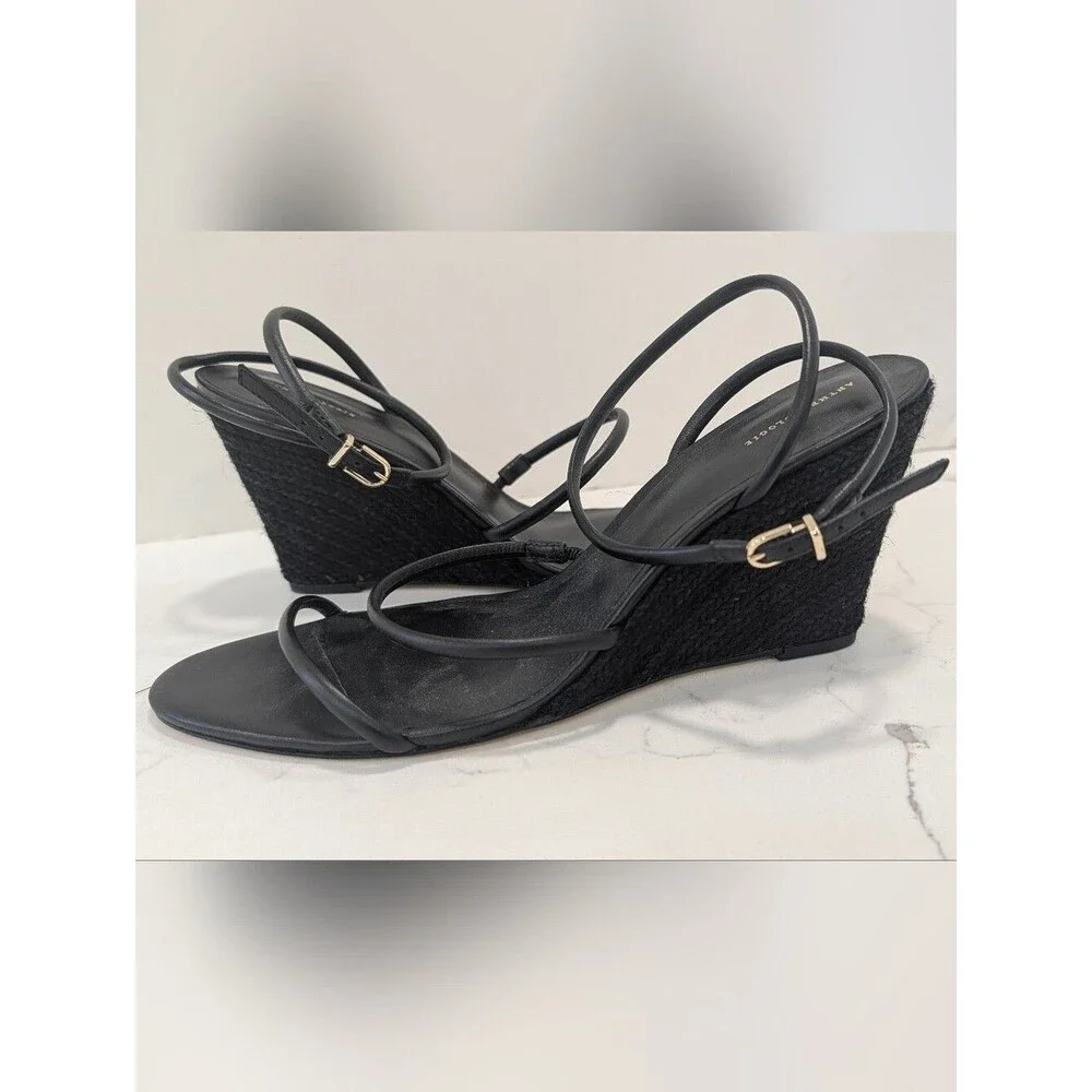 Anthropologie Strappy Black Textured Wedge Heels Size 11 Adjustable Buckle Sexy